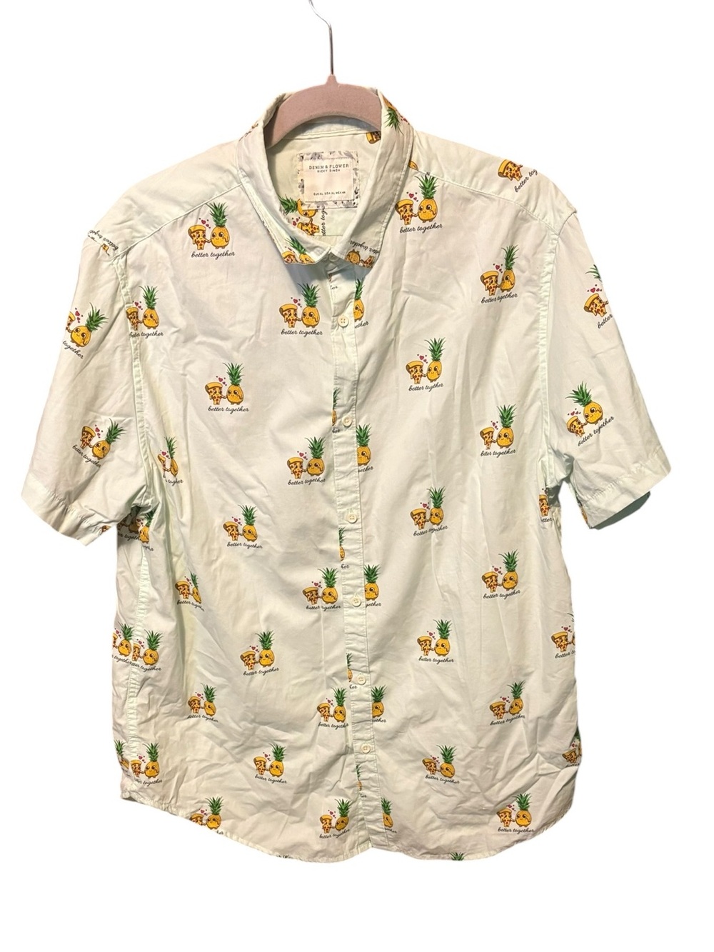 Denim & Flower Pizza Pineapple Button-Up Shirt XL Novelty Vacation